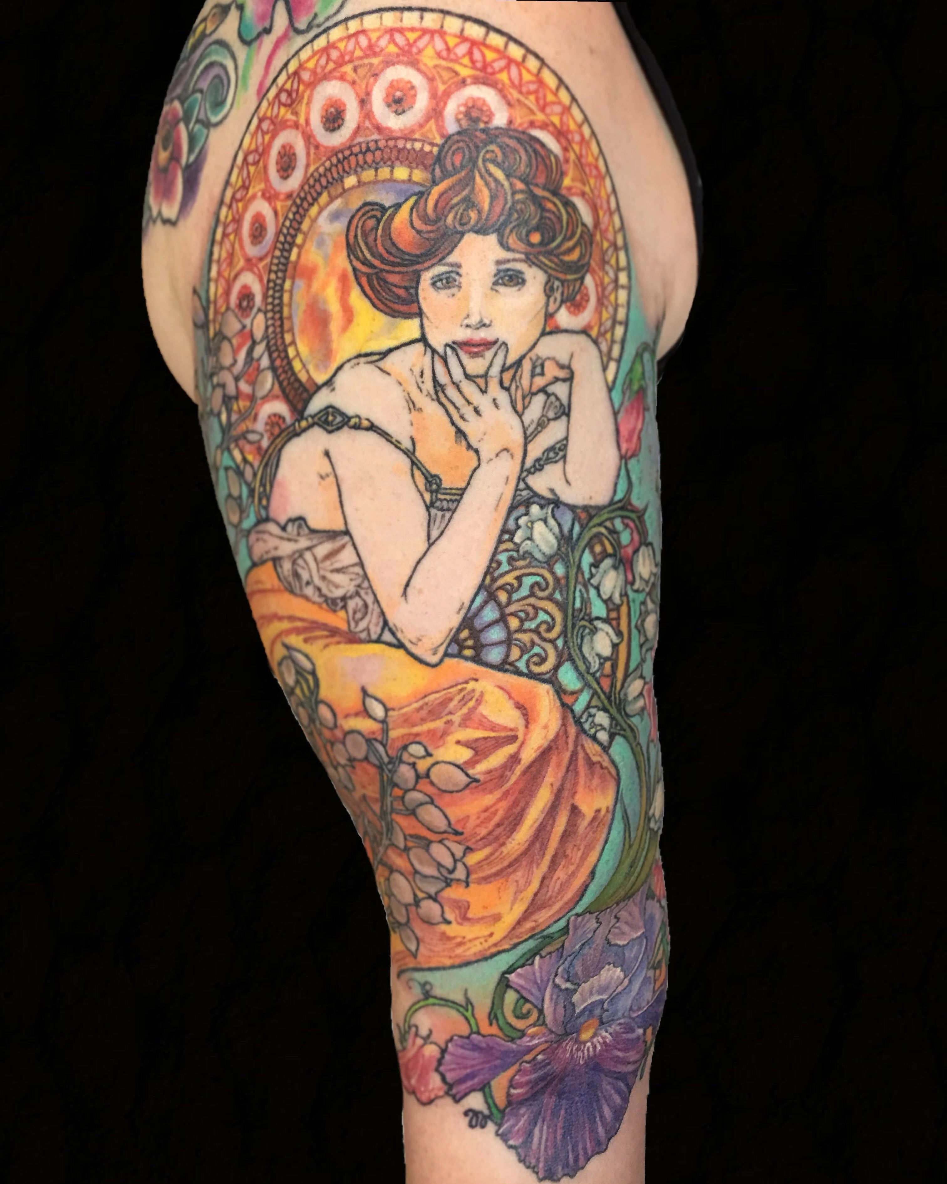 Alphonse Mucha Art Nouveau Half Sleeve Tattoo Michelle Carter At regarding proportions 3024 X 3779
