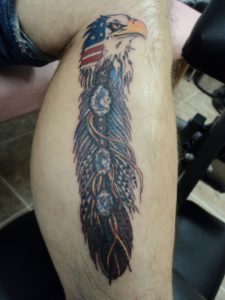 American Flag Colored Bald Eagle Head With Feather Tattoo On Leg regarding dimensions 774 X 1032