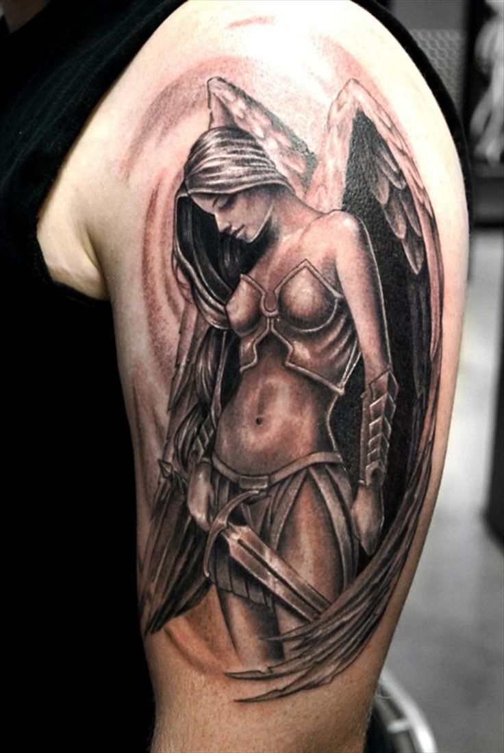 Angel Girl With Sword Tattoo On Half Sleeve in proportions 736 X 1099