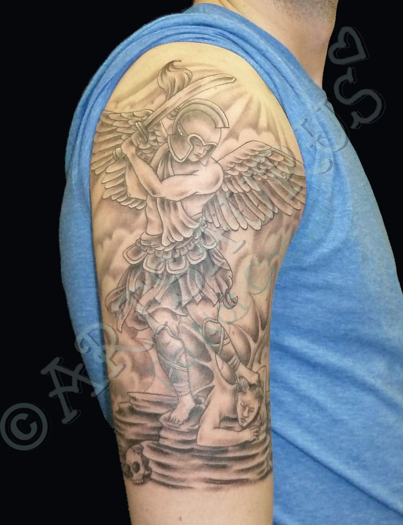 Archangel With Sword Grey Ink Tattoo On Right Half Sleeve Tattoos pertaining to sizing 1526 X 1987