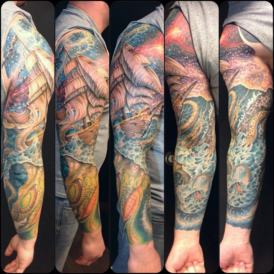 Arm Sleeve Tattoo Tall Ship Kraken Ocean Scene Tattoos with regard to measurements 960 X 960