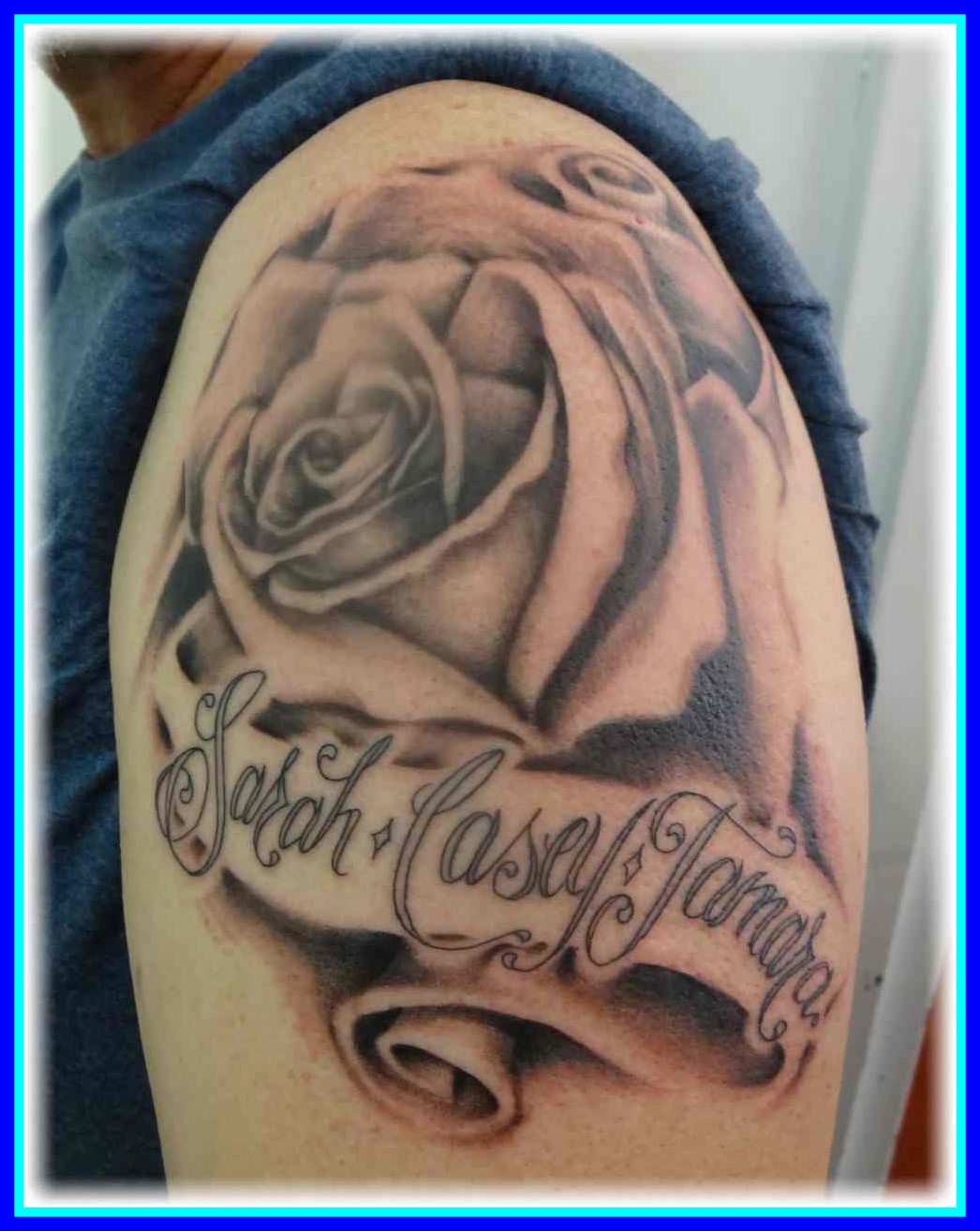 Astonishing Rose Upper Arm Name Tattoo With Wip Billus Scroll with regard to proportions 1046 X 1314