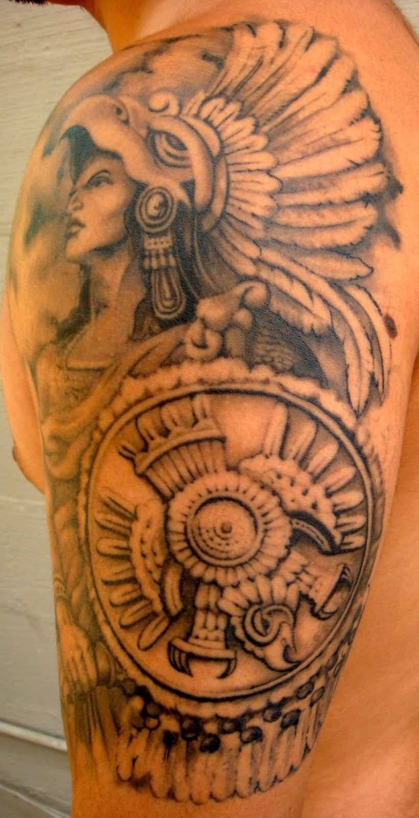 Attractive Female Aztec Warrior Tattoo With Shield On Men Arm Ink regarding dimensions 820 X 1600