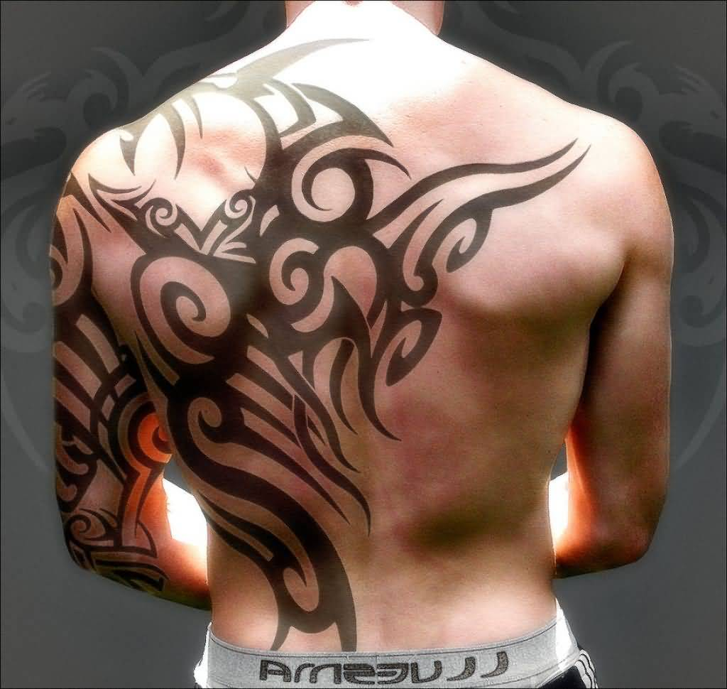 Attractive Tribal Design Tattoo On Back And Half Sleeve For Men inside measurements 1024 X 970