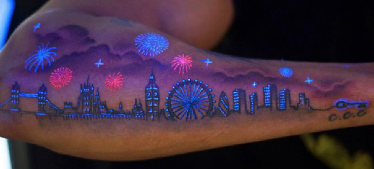 Awesome Chicago Skyline Navy Pier Uv Tattoo On Arm Sleeve with regard to sizing 1500 X 681