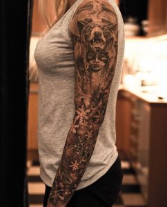 Bear Girl Tattoo On Left Arm throughout proportions 867 X 1075