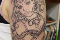 Beautiful Gypsy Girl Outline Tattoo On Women Sleeve Tattoo Designs regarding proportions 736 X 1246