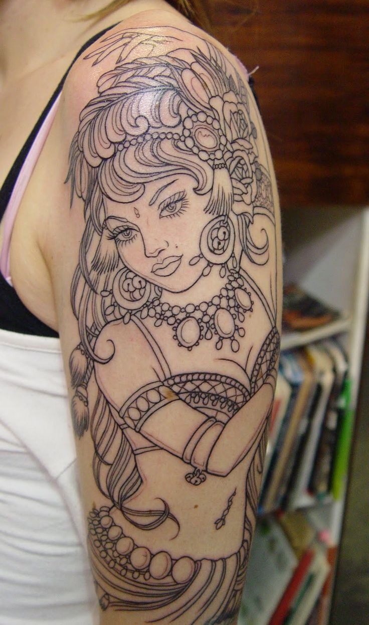 Beautiful Gypsy Girl Outline Tattoo On Women Sleeve Tattoo Designs regarding proportions 736 X 1246