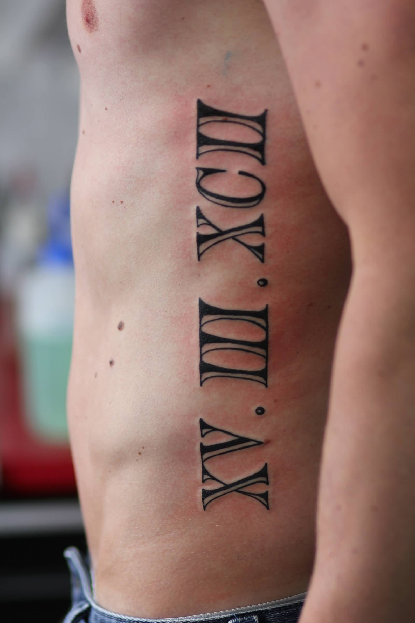 Beautiful Roman Numerals Tattoo On Side Rib For Men in proportions 1600 X 2400