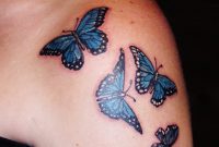 Black And Blue Butterflies Tattoo On Girl Left Shoulder with size 1200 X 1600