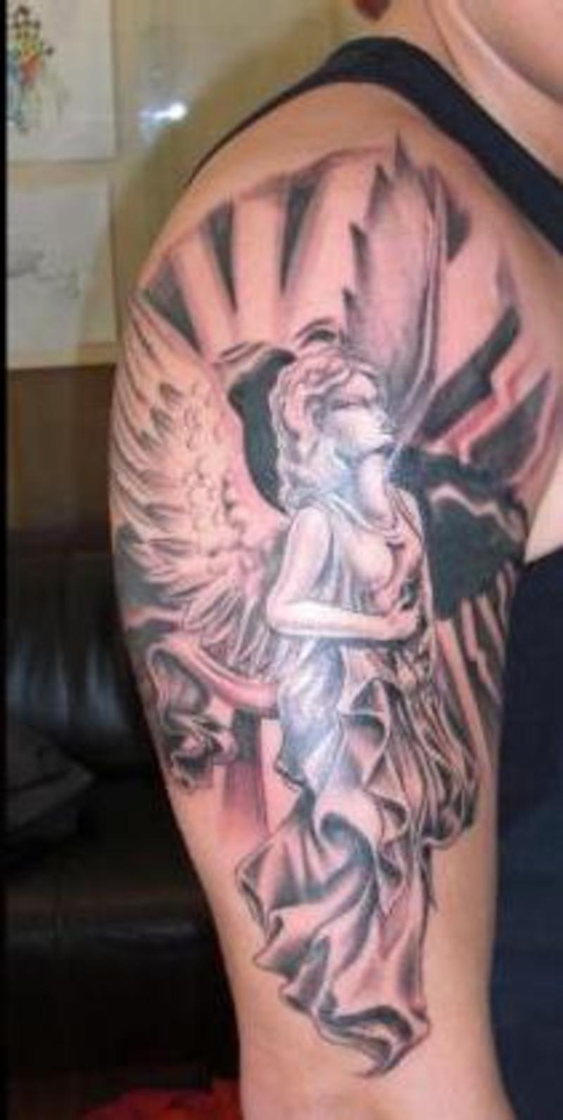 Black And Grey Angel Tattoo On Half Sleeve inside proportions 800 X 1592