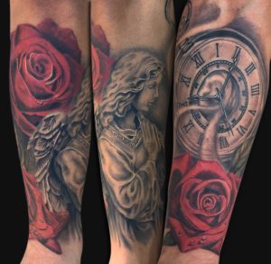 Black And Grey Angel With Clock And Red Rose Tattoo On Arm with regard to sizing 2268 X 2216