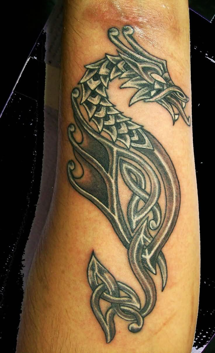 Black And Grey Celtic Dragon Tattoo On Sleeve with size 736 X 1203