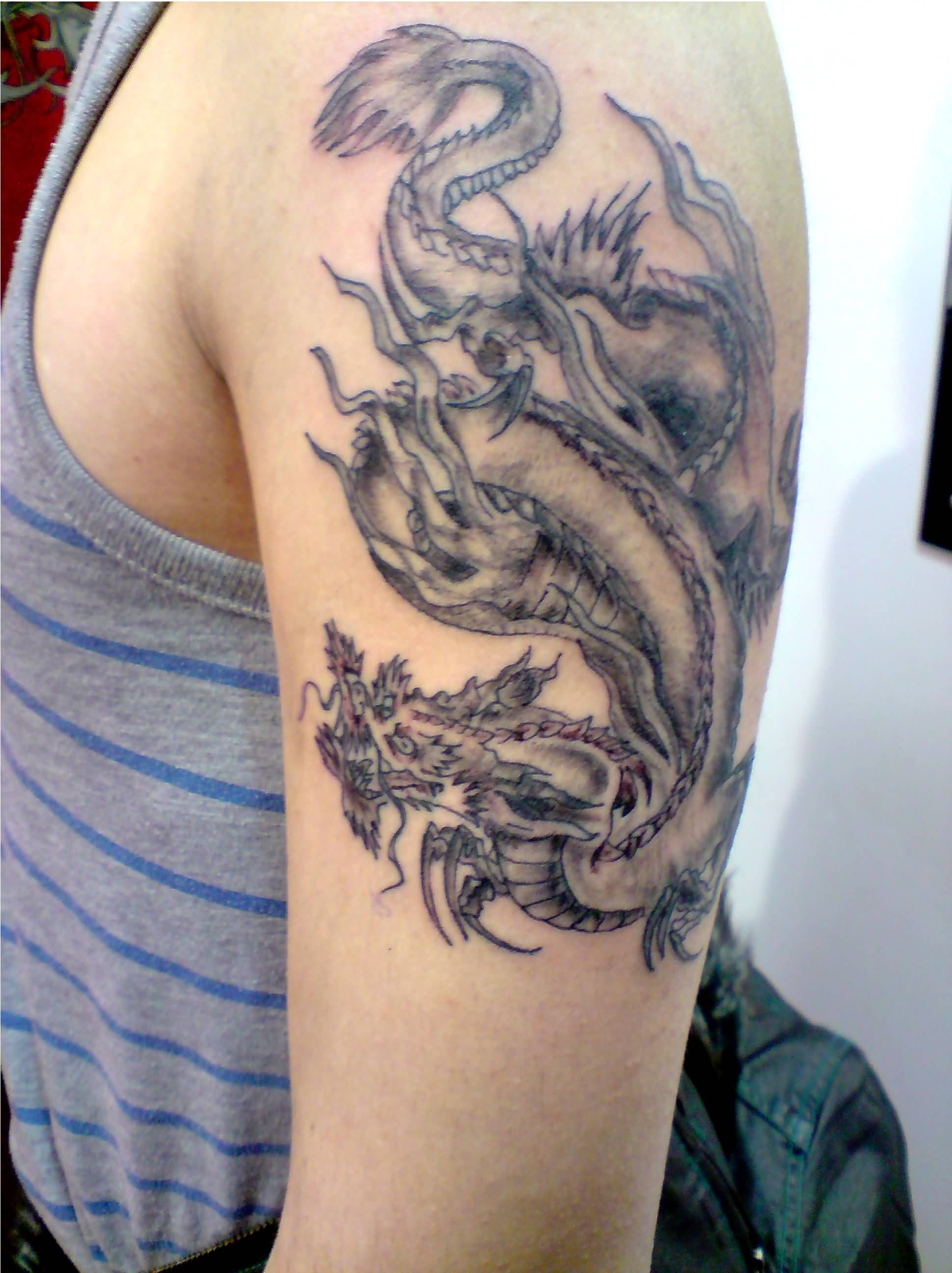 Black And Grey Chinese Dragon Tattoo On Left Half Sleeve in size 1940 X 2594