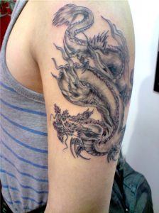 Black And Grey Chinese Dragon Tattoo On Left Half Sleeve throughout size 1940 X 2594