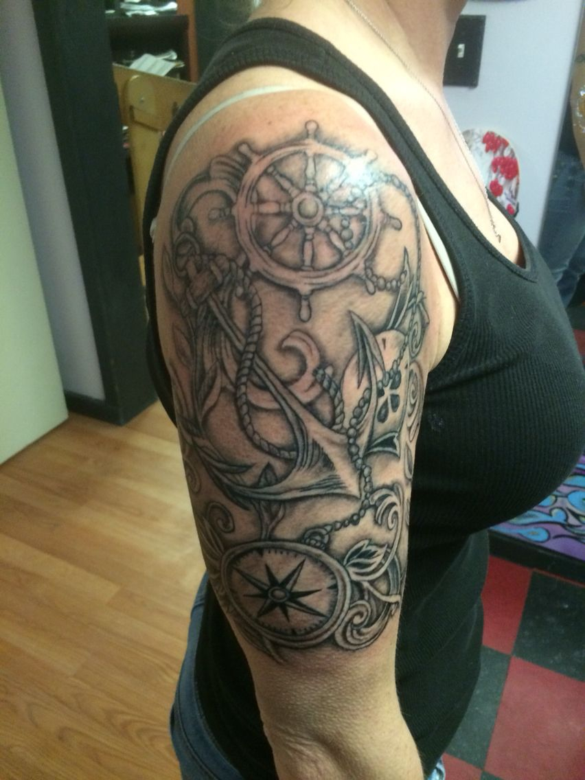 Black And Grey Compass Tattoo Nautical Tattoo Half Sleeve with regard to proportions 852 X 1136