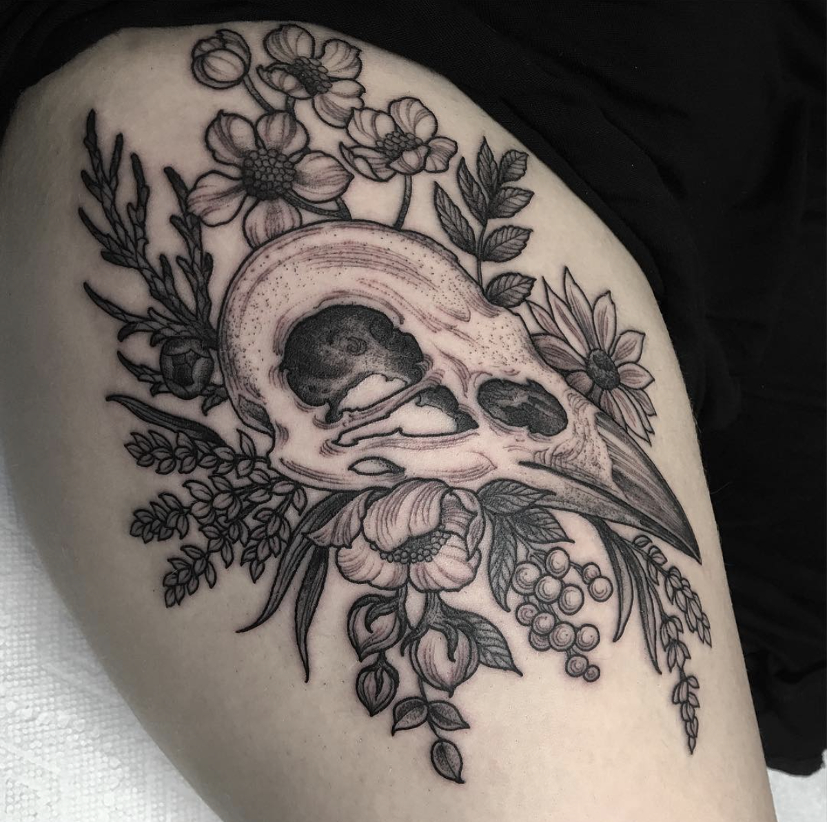 Black And Grey Crow Skull With Wildflowers Blackwork Tattoo Raven in dimensions 1200 X 1192