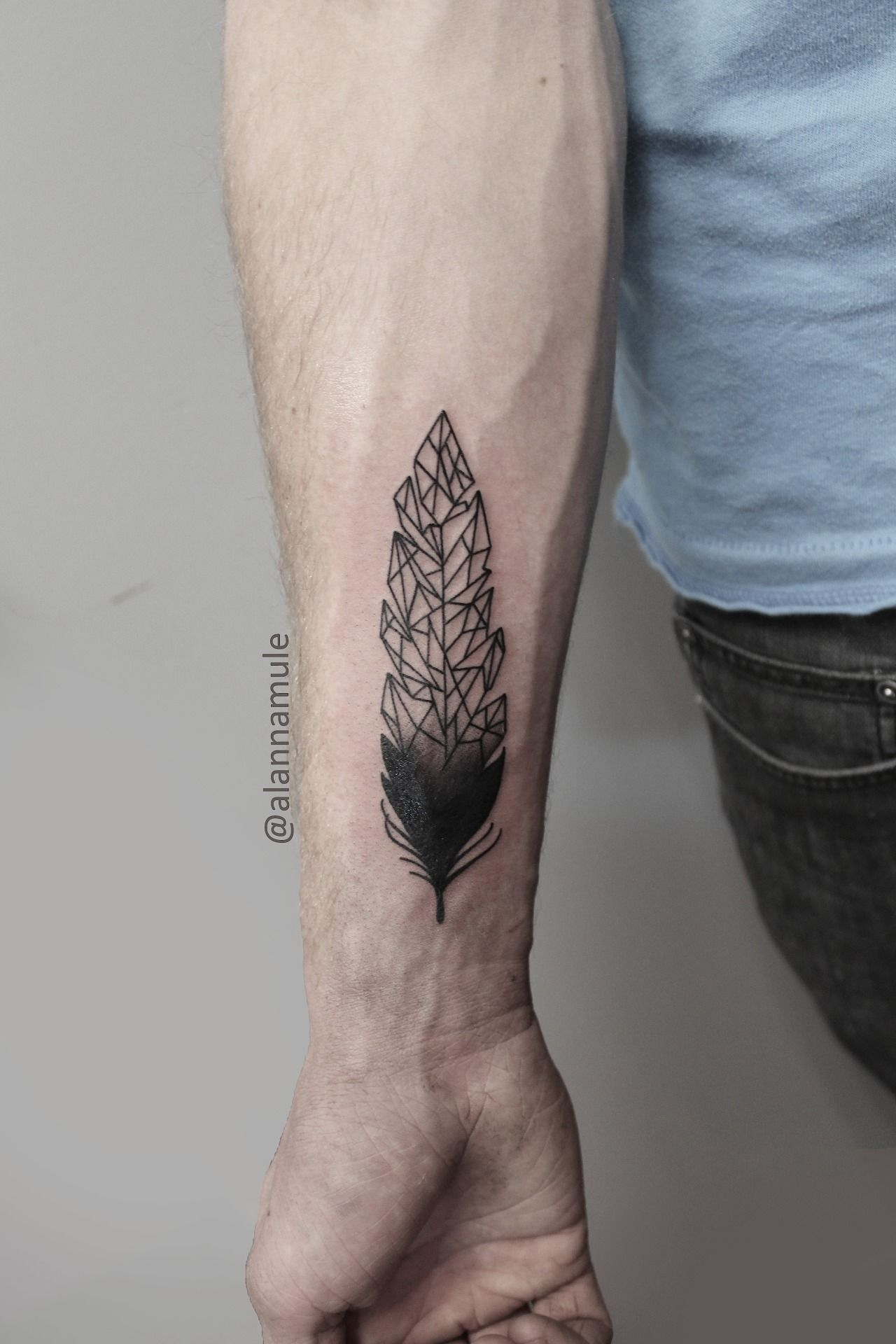 Black And White Dotwork Feather Geometric Forearm Tattoo On in dimensions 1280 X 1920