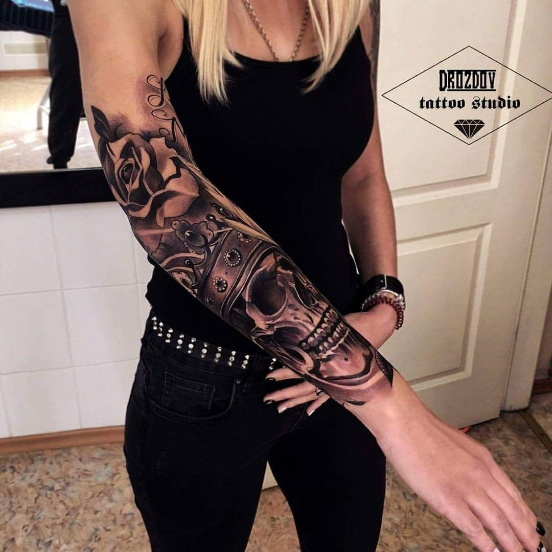 Black And White Half Sleeve Women Tattoo Halfskulltattoo Great in sizing 1080 X 1080