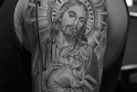 Black And White Jesus Hanging A Lamb Tattoo On Upper Arm Tattoospm for dimensions 800 X 1072