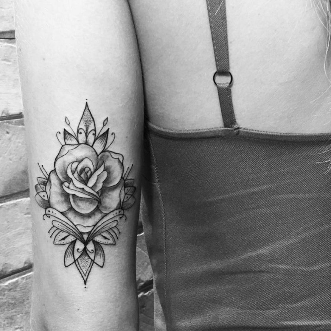 Black And White Rose Tattoo On The Back Of The Arm for dimensions 1111 X 1112