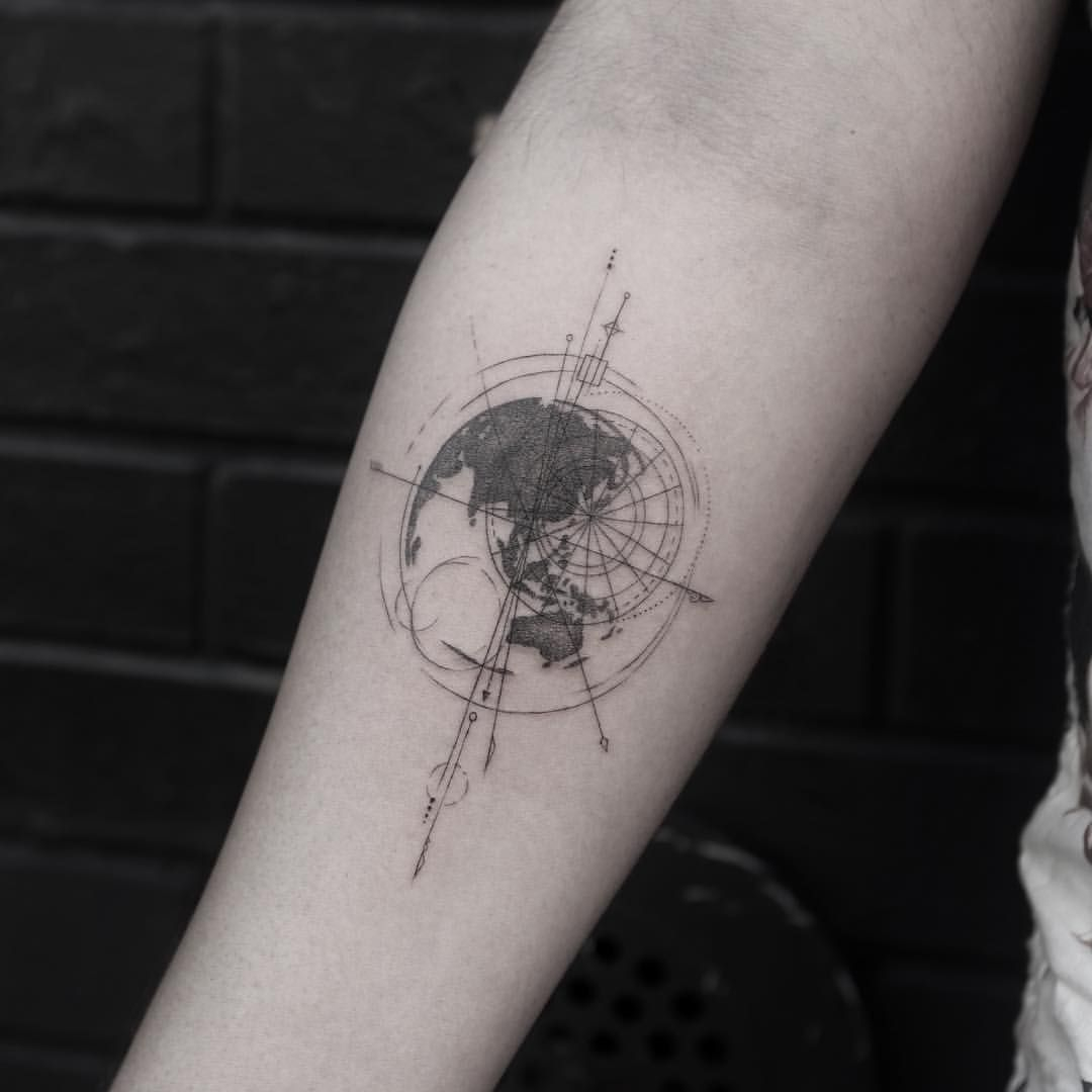 Black And White Shaded Geometric Earth Tattoo On Inner Mid Forearm with regard to dimensions 1080 X 1080