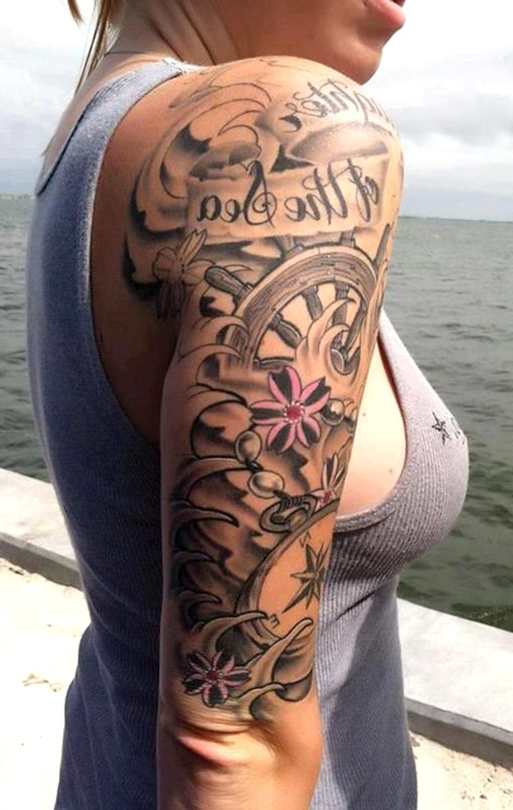 Black Full Arm Sleeve Tattoo Ideas For Women Sea Flower Rudder with regard to measurements 1000 X 1578
