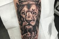 Black Ink Crown On Lion Head Tattoo On Left Arm inside dimensions 1152 X 1536