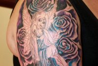 Black Ink Fairy With Roses Tattoo On Women Right Upper Arm Fairy intended for dimensions 730 X 1095
