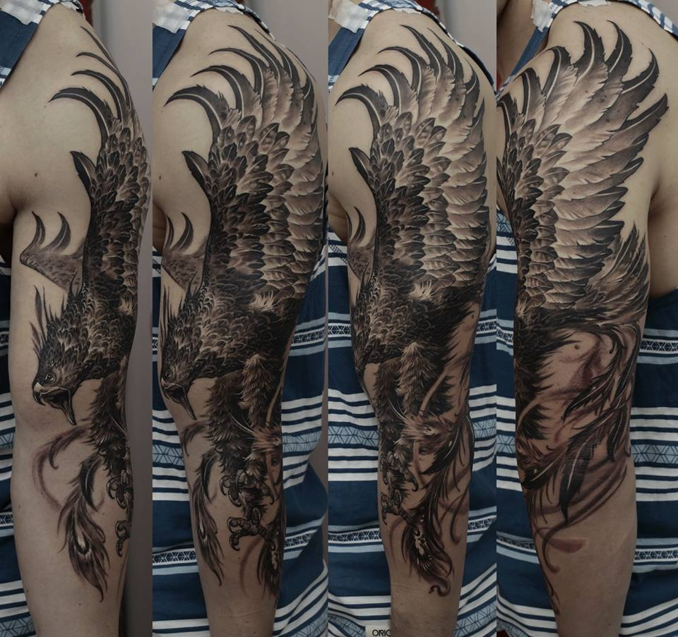 Black Ink Flying Eagle Tattoo On Full Sleeve with measurements 960 X 903
