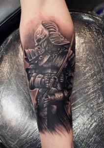 Black Ink Samurai With Sword Tattoo On Forearm Tattoos intended for dimensions 900 X 1276