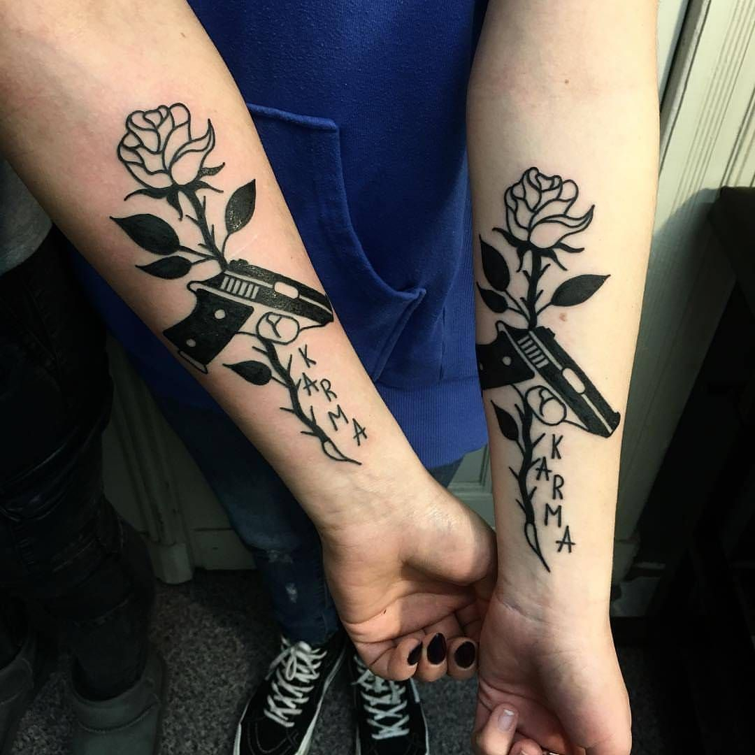 Black Karma Rose Thorns And Gun Silhouette Tattoo On Inner Forearm with regard to proportions 1080 X 1080