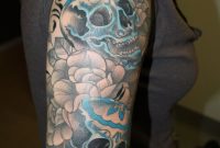 Blue Skull Watercolor Tattoo On Upper Arm Half Sleeve Flowers within size 736 X 1104