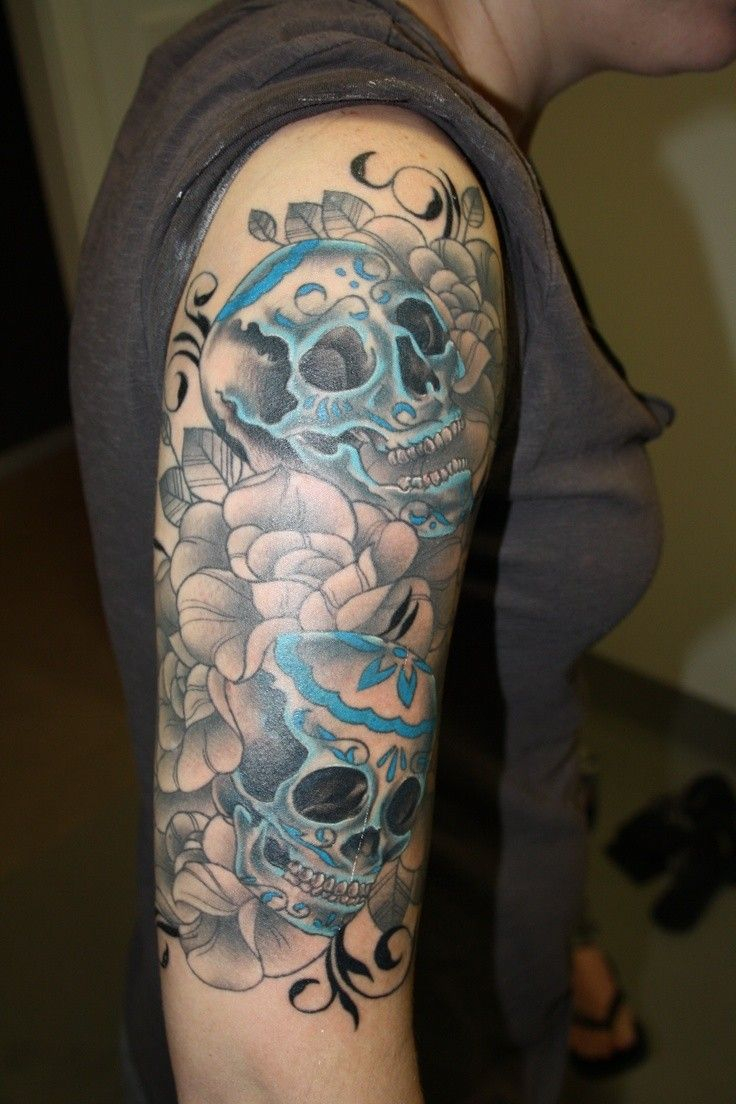 Blue Skull Watercolor Tattoo On Upper Arm Half Sleeve Flowers within size 736 X 1104