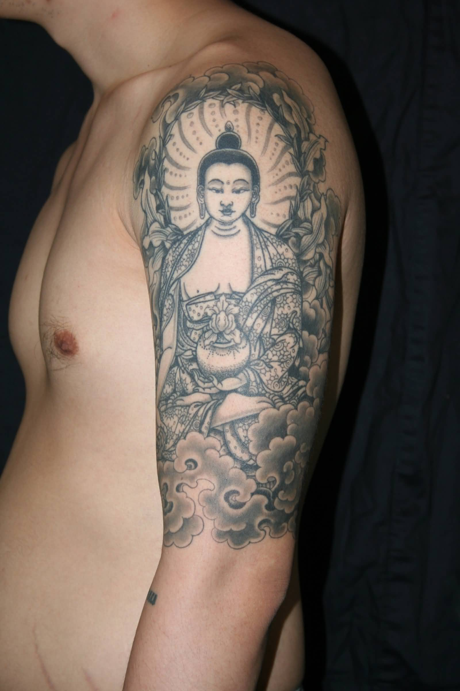 Buddha Tibetan Tattoo On Left Half Sleeve For Men with size 1600 X 2400