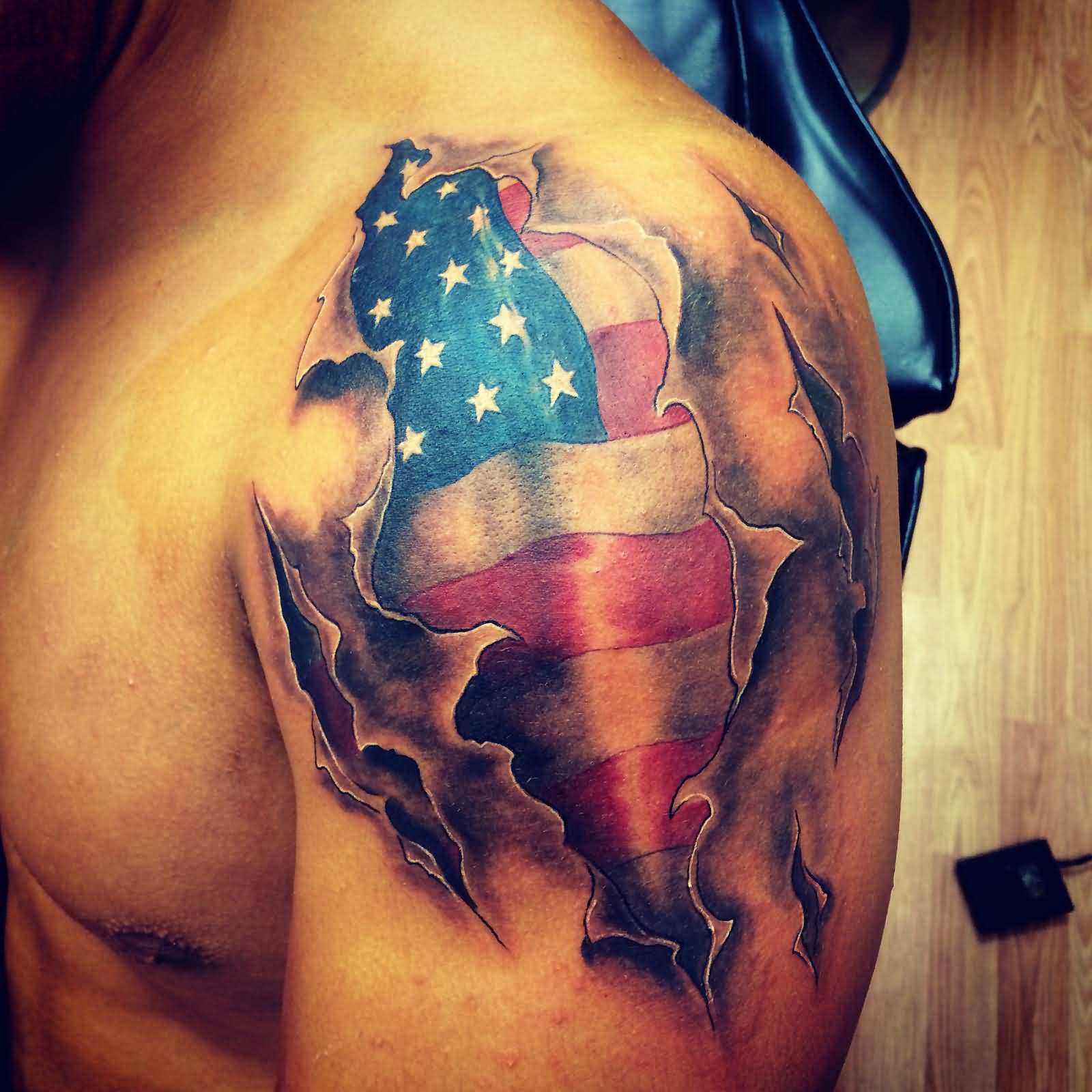 Burned Us Flag Tattoo On Upper Arm throughout size 1600 X 1600