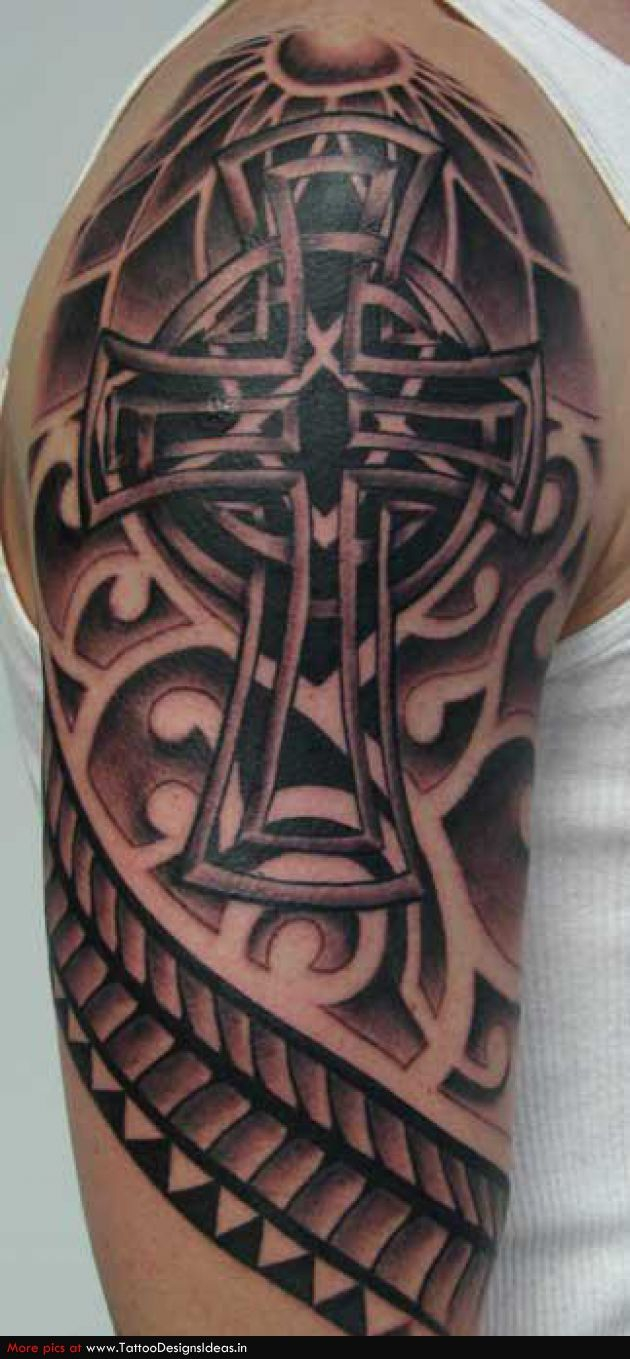 Celtic Cross Worked Into Some Nice Line Work Upper Arm Half Sleeve pertaining to proportions 630 X 1359