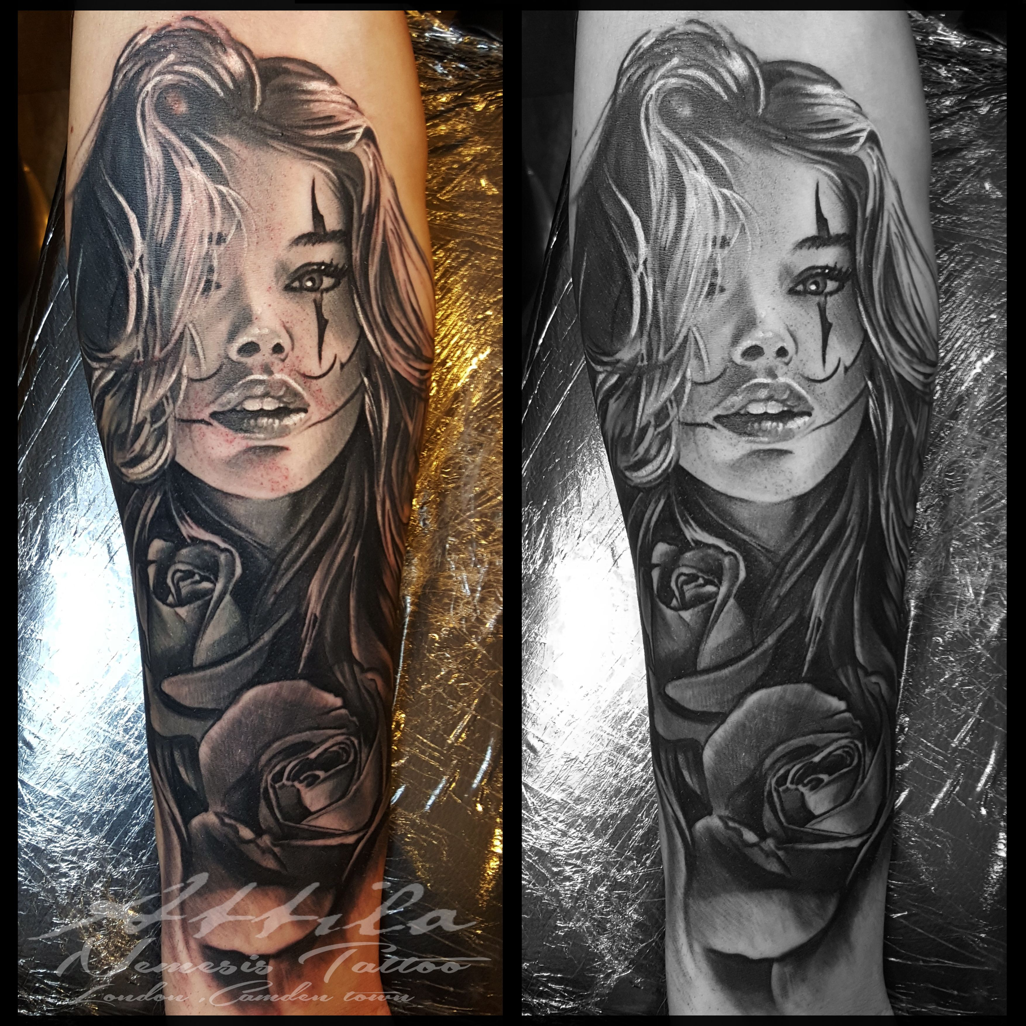 Clown Face Girl And Rose Half Sleeve Forearm Tattoo Instagram with regard to sizing 3508 X 3508