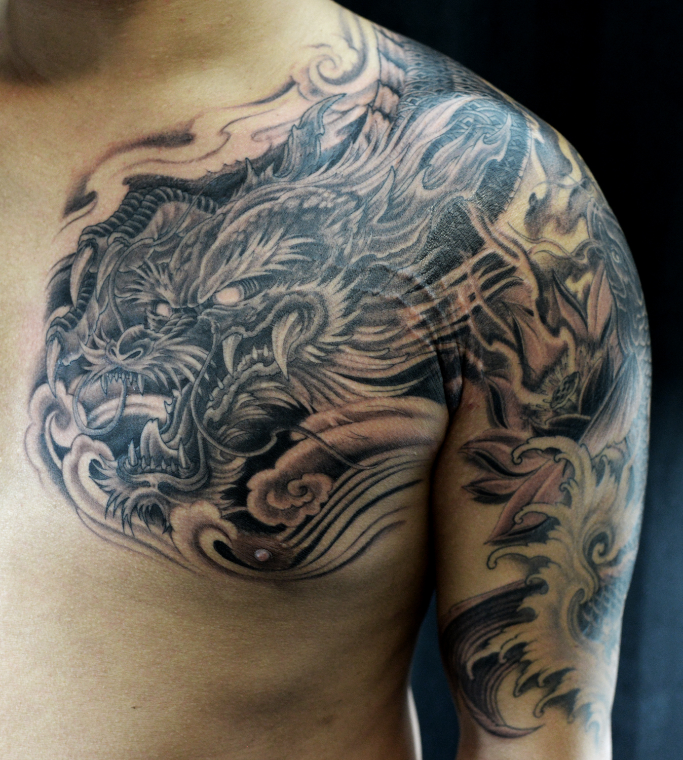 Collection Of 25 Dragon Tattoo Design On Arm Chest with size 1348 X 1500