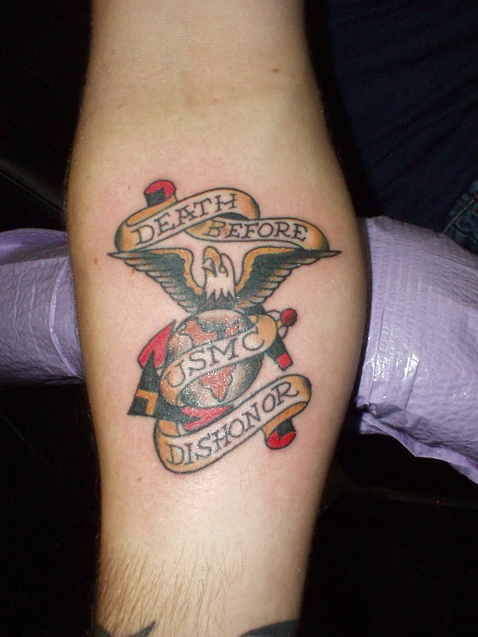 Colored Usmc Globe Eagle And Anchor Tattoo On Inner Mid Arm For Men in size 960 X 1280
