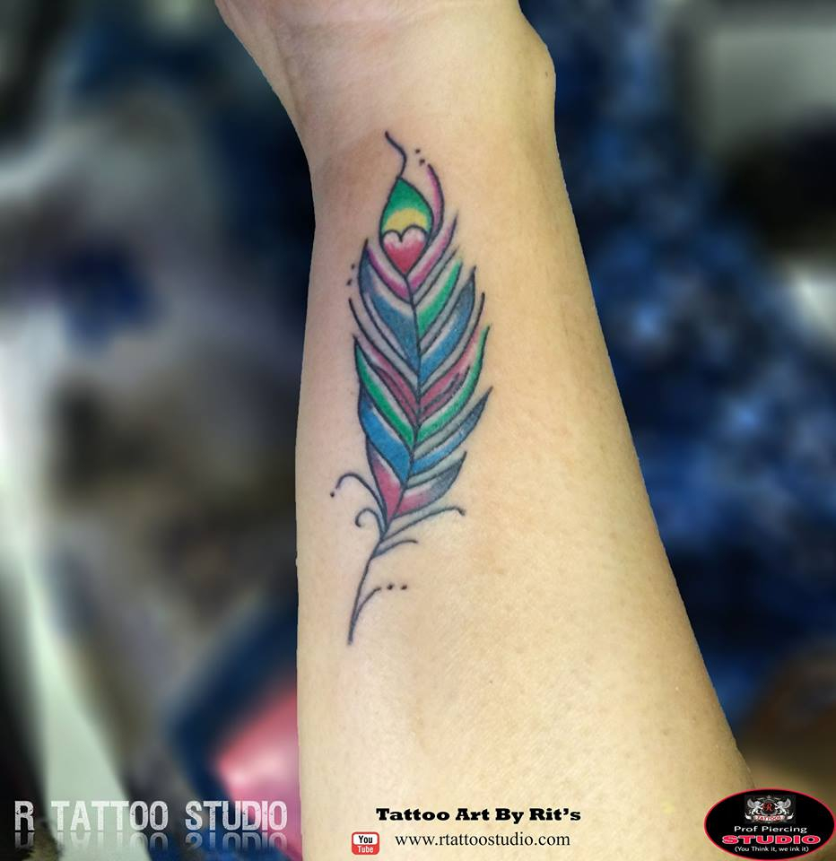 Colorful Feather Tattoo On Outer Forearm intended for dimensions 932 X 960