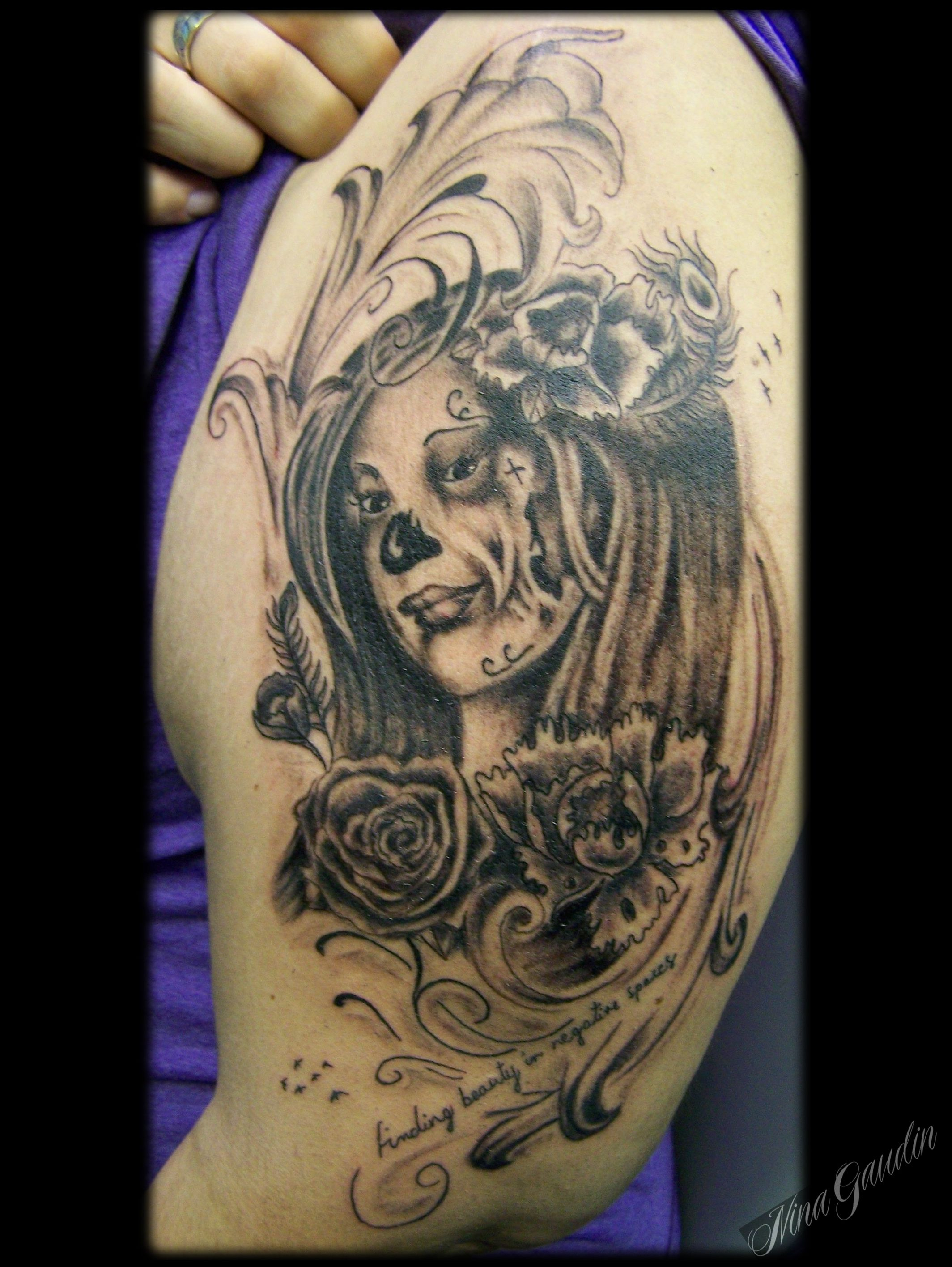 Dead Lady With Roses Swirls Filigree Black Grey Arm Tattoo Nina in size 2128 X 2832