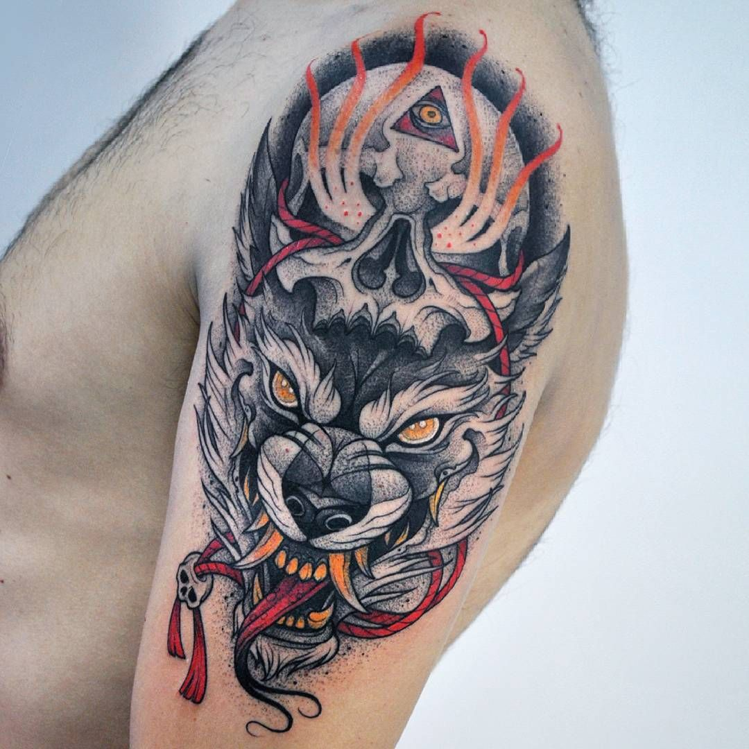 Demon Wolf And Skull Tattoo Idea On The Arm Wolf Tattoo Ideas throughout size 1080 X 1080