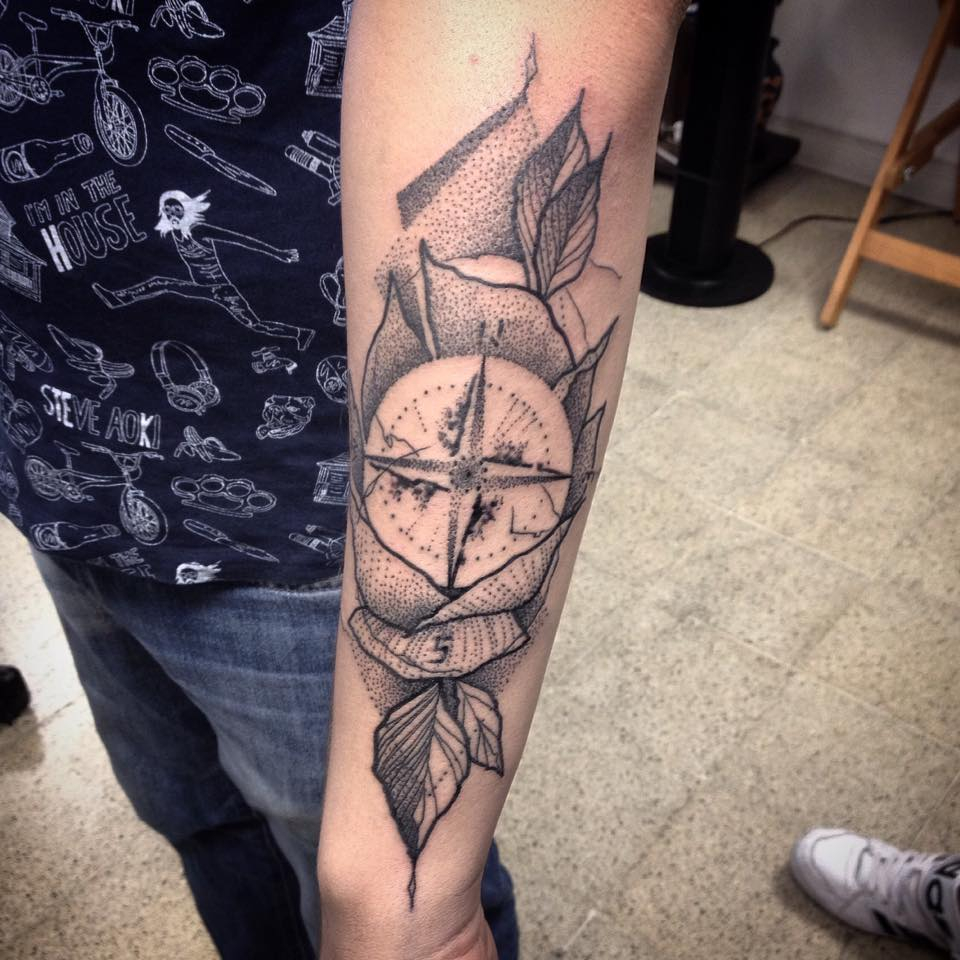 Dotwork Rose Compass Tattoo On Left Arm Daniel Rozo regarding dimensions 960 X 960