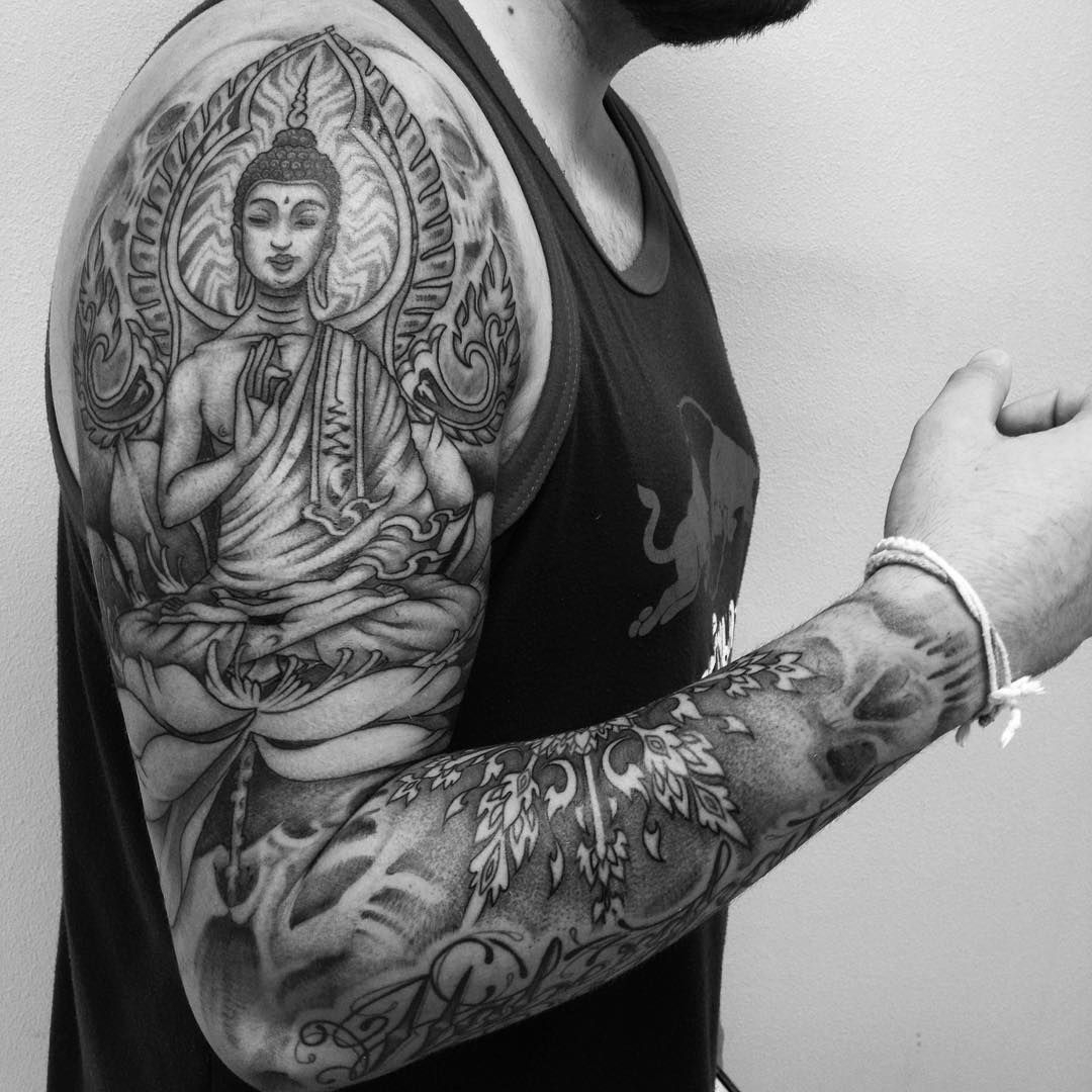 Download Free Black Ink Buddha Sitting On Flower Tattoo For Men To regarding dimensions 1080 X 1080