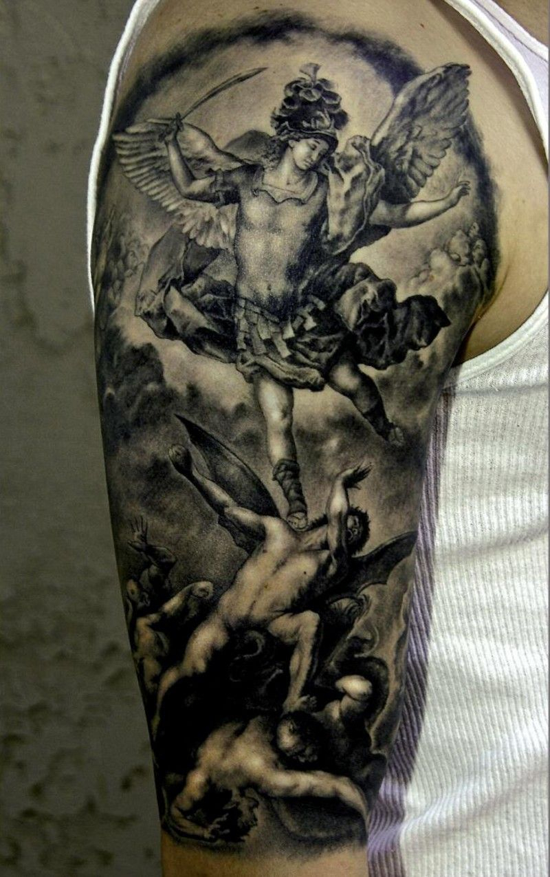 Fighting Archangel Religious Tattoo On Upper Arm Tattoos Photos regarding proportions 800 X 1275