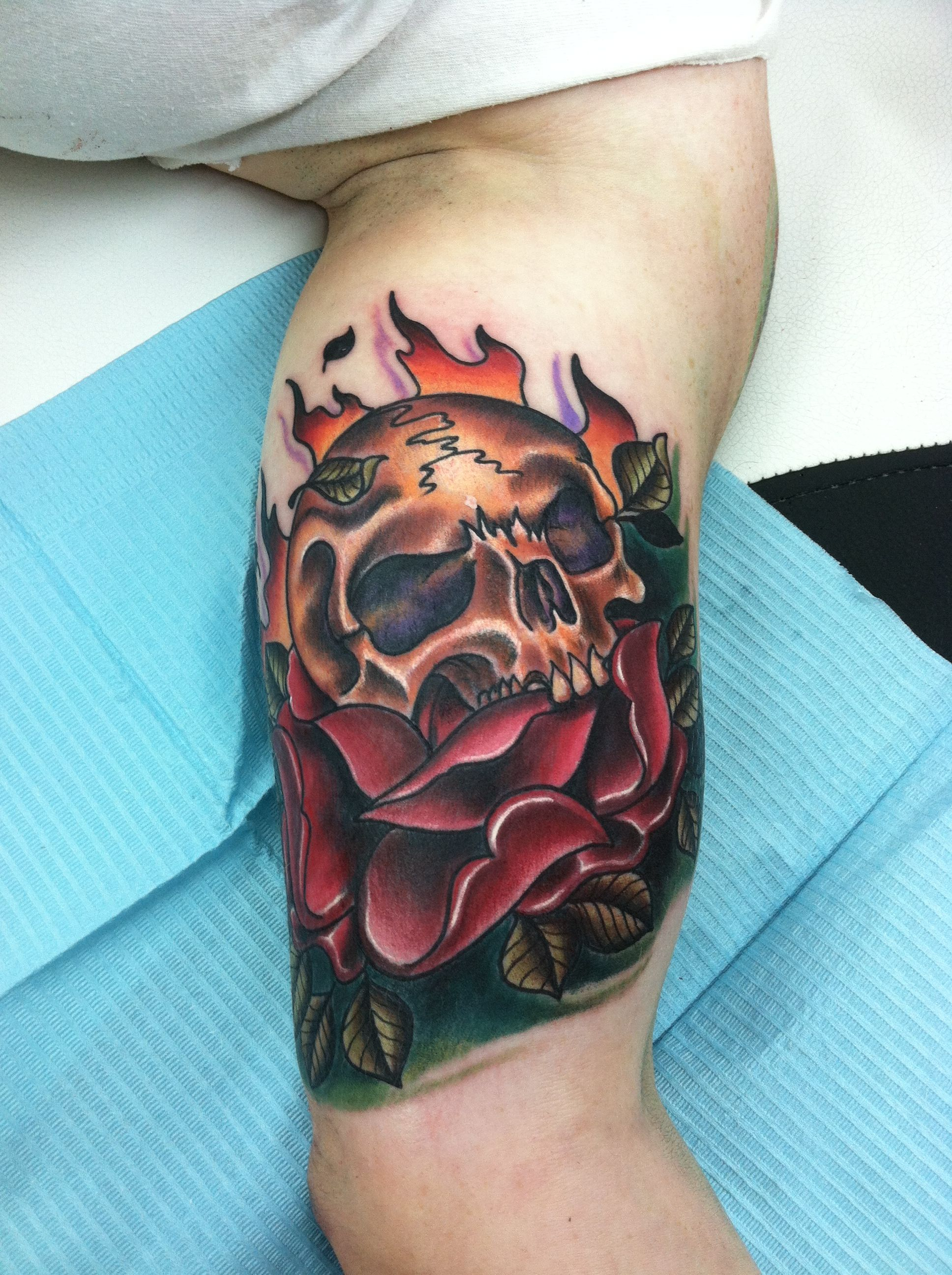 Flames Skull Rose Inner Arm Tattoo David Meek Tattoos Ashtabula Ohio pertaining to sizing 1936 X 2592