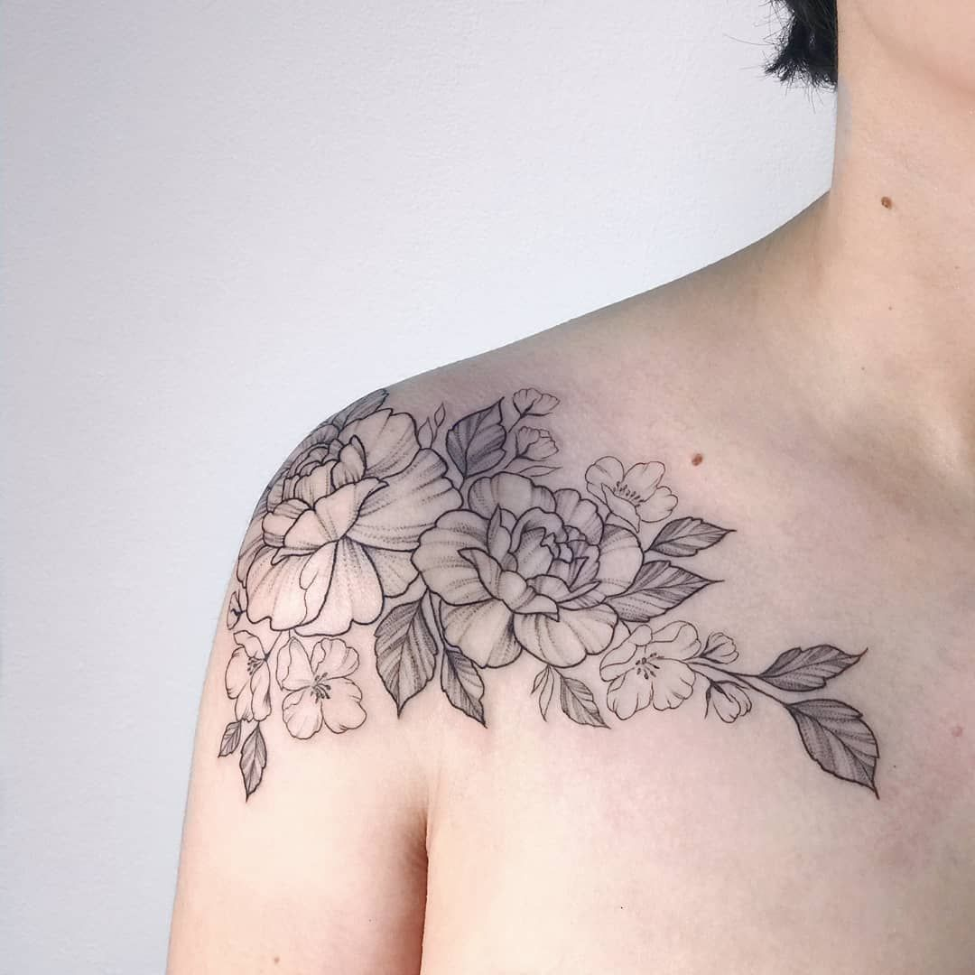 Floral Piece Peonies Roses Collarbone Tattoo Ibtattooing Irene B throughout size 1080 X 1080