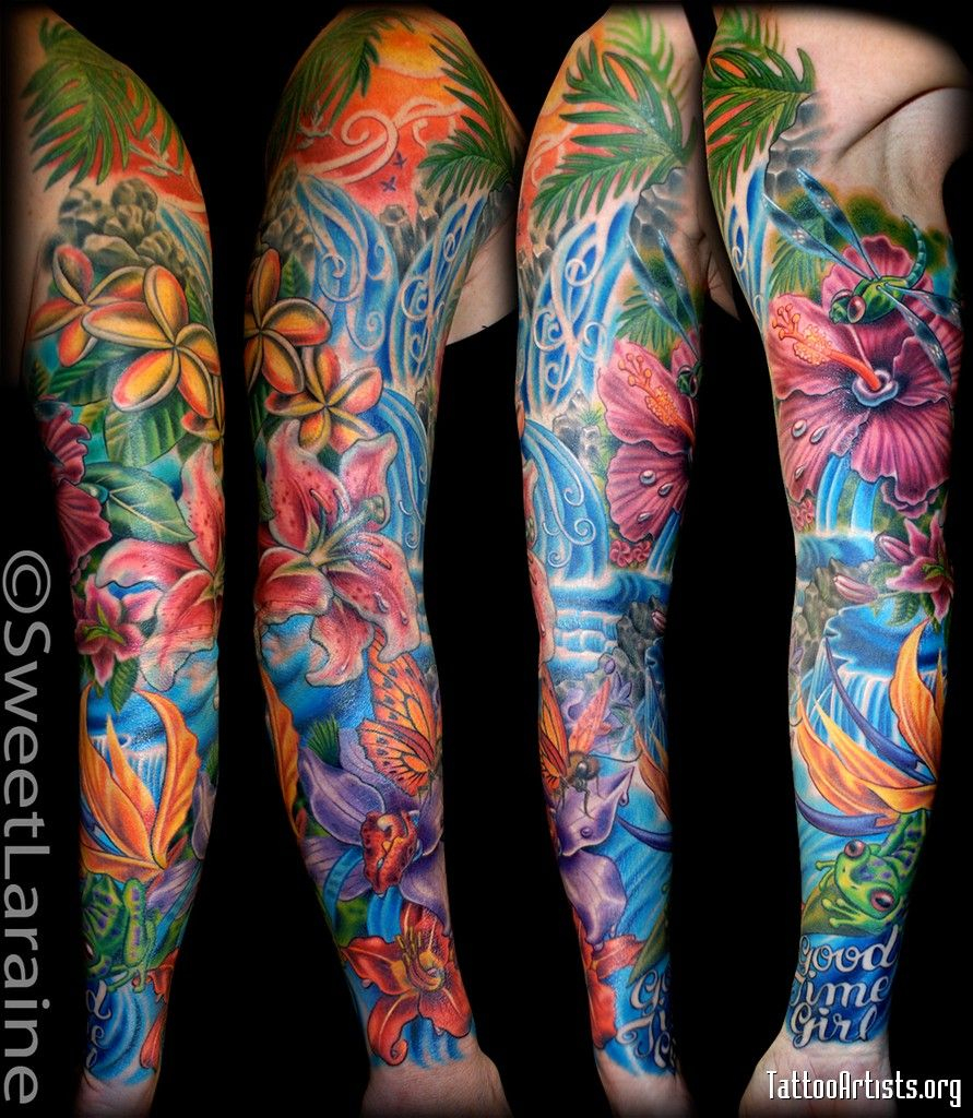 Flower Sleeve Tattoo Everybody Loves This Tattoo Of Tropical intended for sizing 891 X 1024