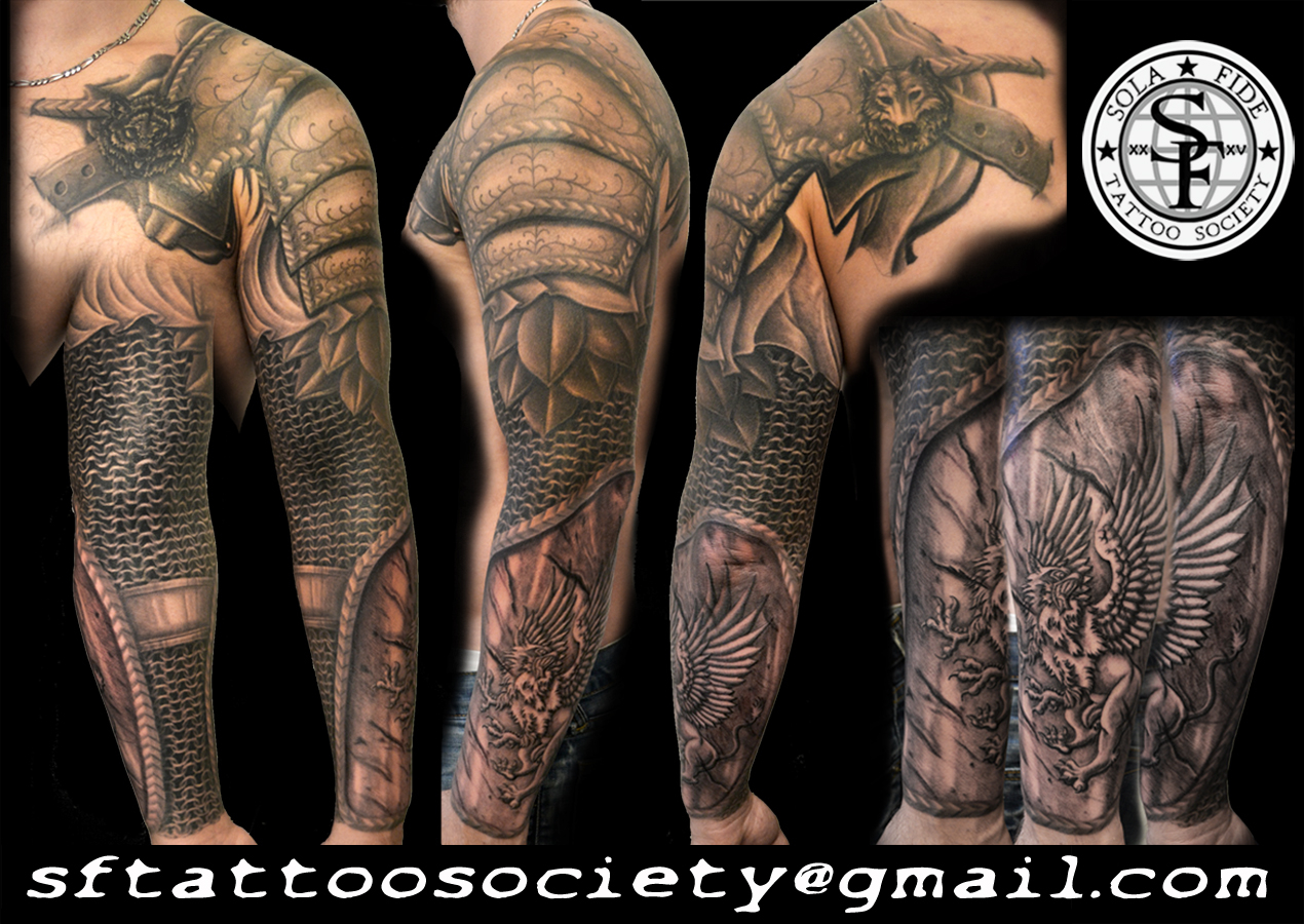 Full Sleeve Armor Tattoo Sola Fid Tattoo Society regarding measurements 1270 X 900